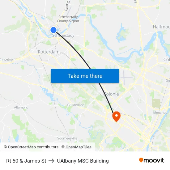 Rt 50 & James St to UAlbany MSC Building map