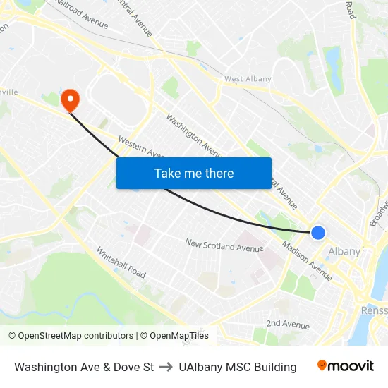 Washington Ave & Dove St to UAlbany MSC Building map