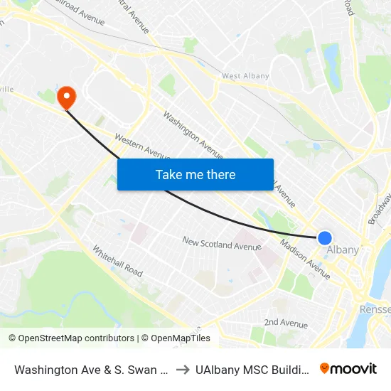 Washington Ave & S. Swan St to UAlbany MSC Building map