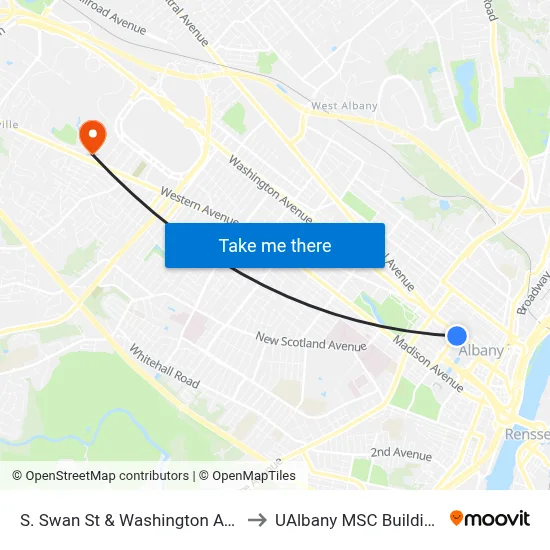 S. Swan St & Washington Ave to UAlbany MSC Building map