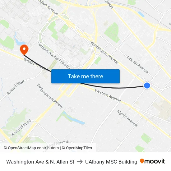 Washington Ave & N. Allen St to UAlbany MSC Building map
