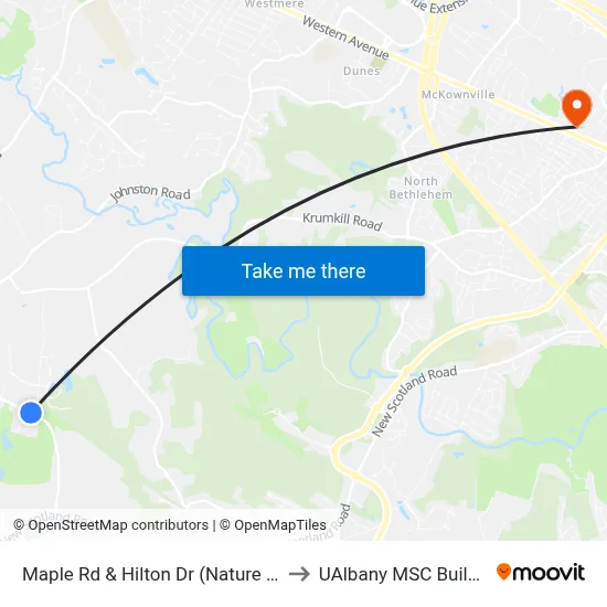 Maple Rd & Hilton Dr (Nature Bus) to UAlbany MSC Building map