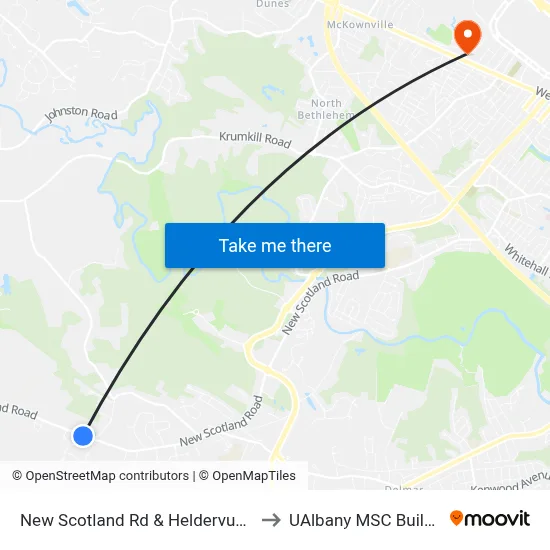 New Scotland Rd & Heldervue Ave to UAlbany MSC Building map