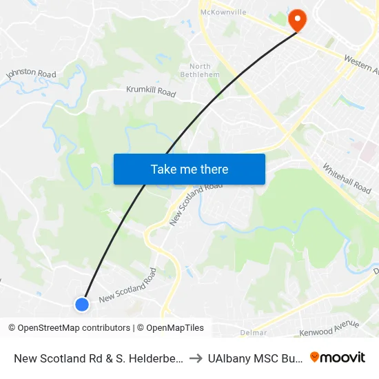 New Scotland Rd & S. Helderberg Pkwy to UAlbany MSC Building map