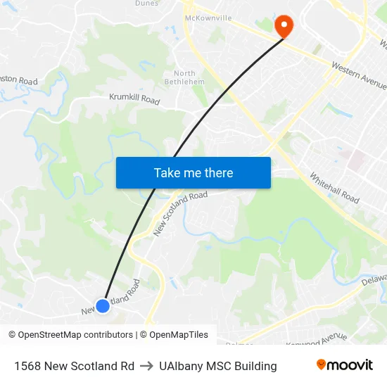 1568 New Scotland Rd to UAlbany MSC Building map