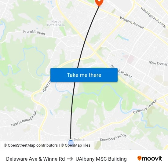 Delaware Ave & Winne Rd to UAlbany MSC Building map