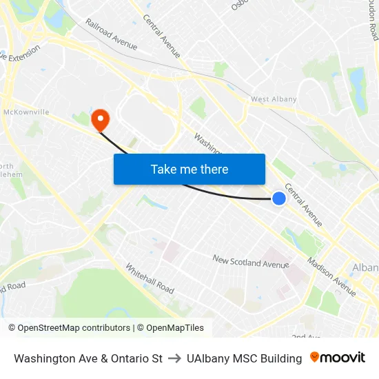 Washington Ave & Ontario St to UAlbany MSC Building map