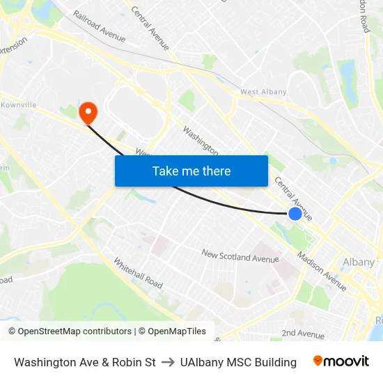Washington Ave & Robin St to UAlbany MSC Building map