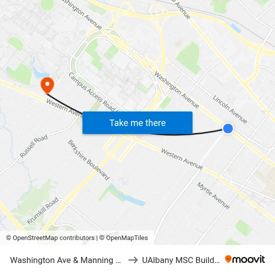 Washington Ave & Manning Blvd to UAlbany MSC Building map