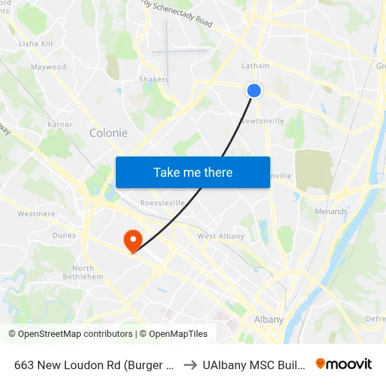 663 New Loudon Rd (Burger King) to UAlbany MSC Building map