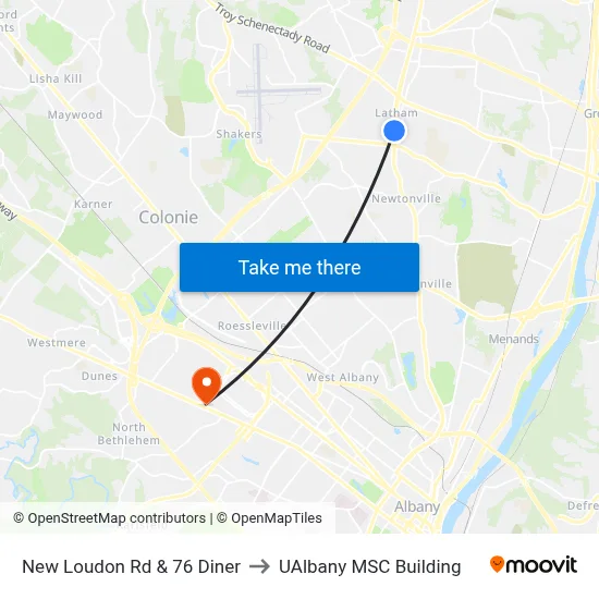 New Loudon Rd & 76 Diner to UAlbany MSC Building map