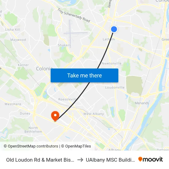 Old Loudon Rd & Market Bistro to UAlbany MSC Building map