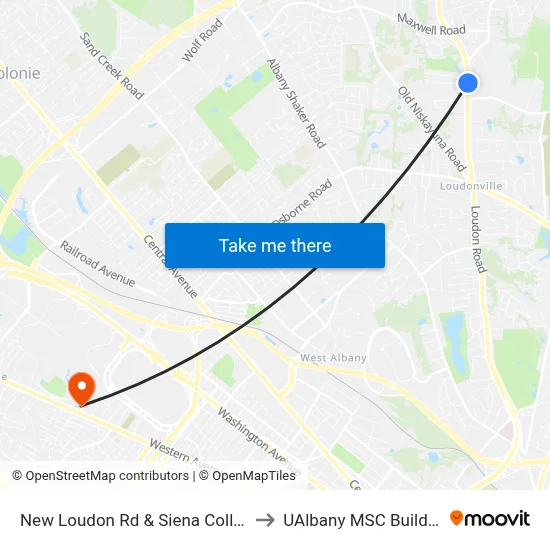 New Loudon Rd & Siena College to UAlbany MSC Building map