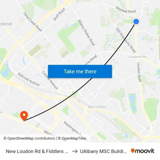 New Loudon Rd & Fiddlers Ln to UAlbany MSC Building map