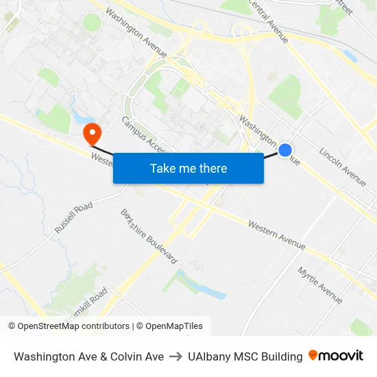 Washington Ave & Colvin Ave to UAlbany MSC Building map