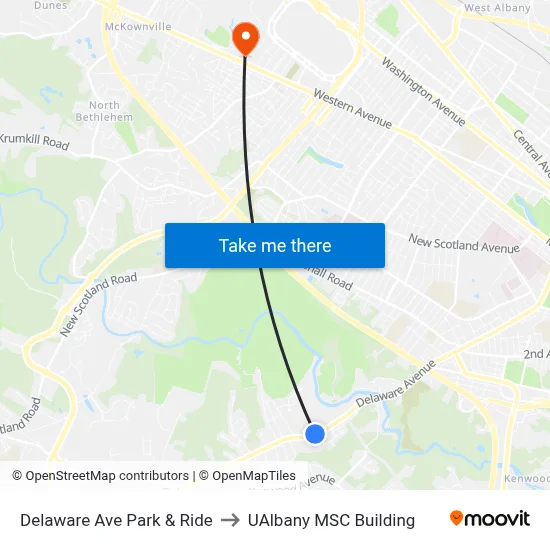 Delaware Ave Park & Ride to UAlbany MSC Building map