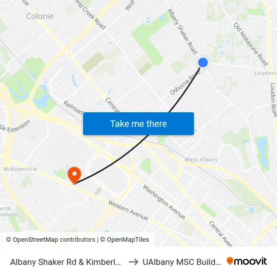 Albany Shaker Rd &  Kimberly Sq to UAlbany MSC Building map
