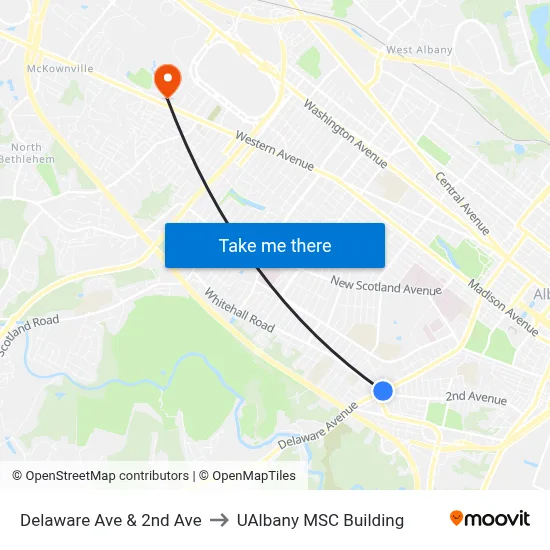 Delaware Ave & 2nd Ave to UAlbany MSC Building map