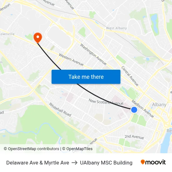 Delaware Ave & Myrtle Ave to UAlbany MSC Building map