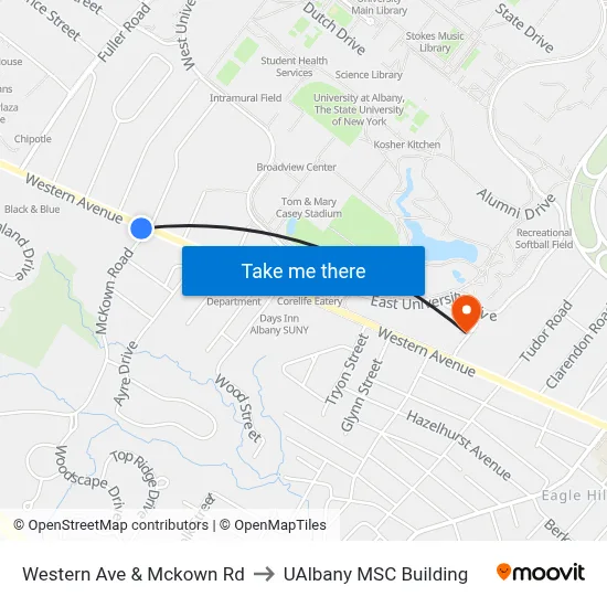 Western Ave & Mckown Rd to UAlbany MSC Building map