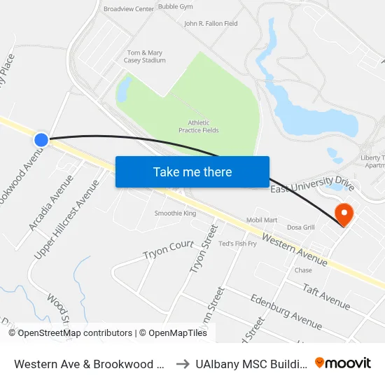 Western Ave & Brookwood Ave to UAlbany MSC Building map