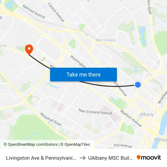 Livingston Ave & Pennsylvania Ave to UAlbany MSC Building map