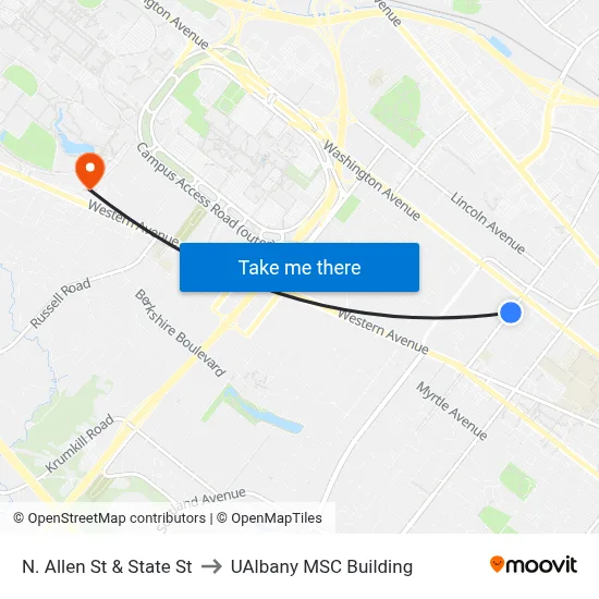 N. Allen St & State St to UAlbany MSC Building map