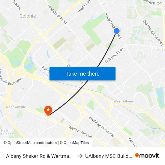 Albany Shaker Rd & Wertman Ln to UAlbany MSC Building map