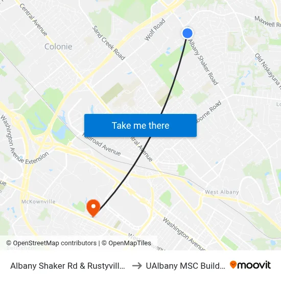 Albany Shaker Rd & Rustyville Rd to UAlbany MSC Building map