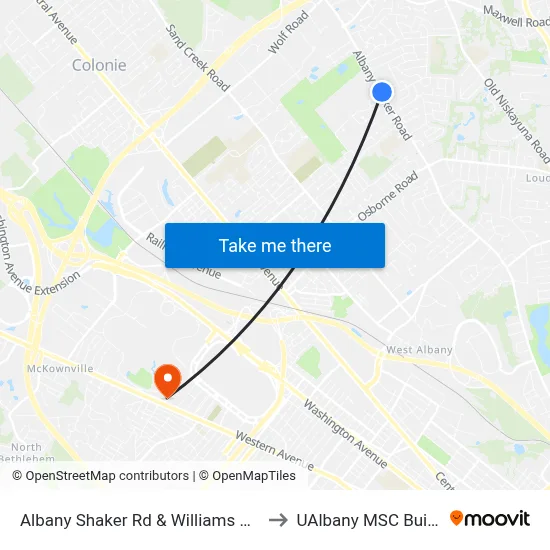 Albany Shaker Rd & Williams Park Rd to UAlbany MSC Building map