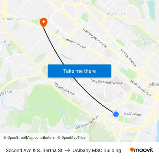 Second Ave & S. Bertha St to UAlbany MSC Building map