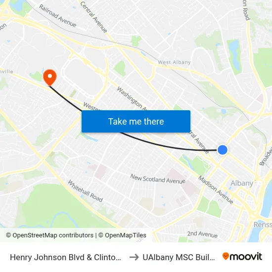 Henry Johnson Blvd & Clinton Ave to UAlbany MSC Building map