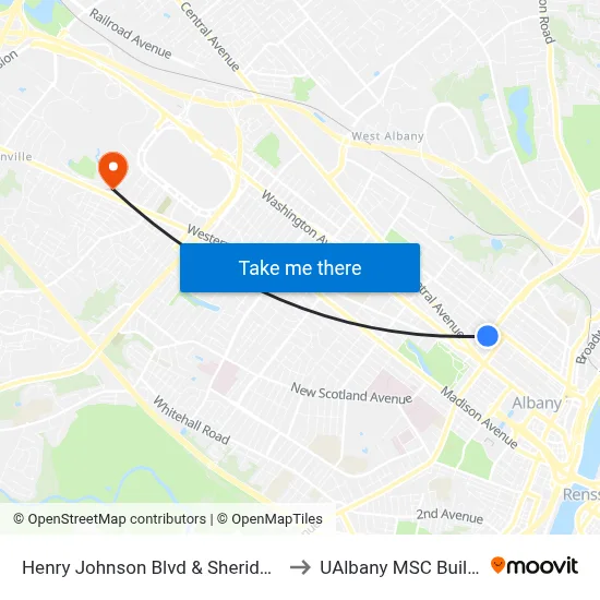 Henry Johnson Blvd & Sheridan Ave to UAlbany MSC Building map