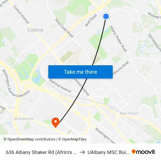 636 Albany Shaker Rd (Afrim's Sports) to UAlbany MSC Building map