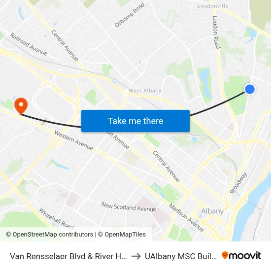 Van Rensselaer Blvd & River Hill Ave to UAlbany MSC Building map