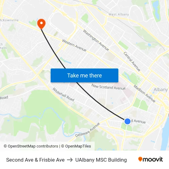 Second Ave & Frisbie Ave to UAlbany MSC Building map