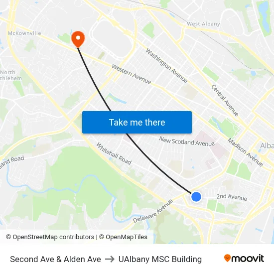 Second Ave & Alden Ave to UAlbany MSC Building map