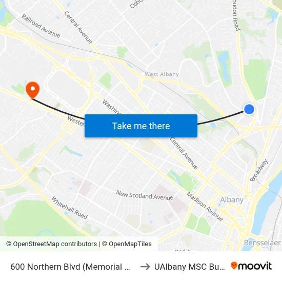 600 Northern Blvd (Memorial Hospital) to UAlbany MSC Building map