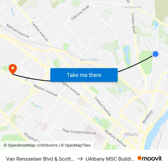 Van Rensselaer Blvd & Scott Dr to UAlbany MSC Building map