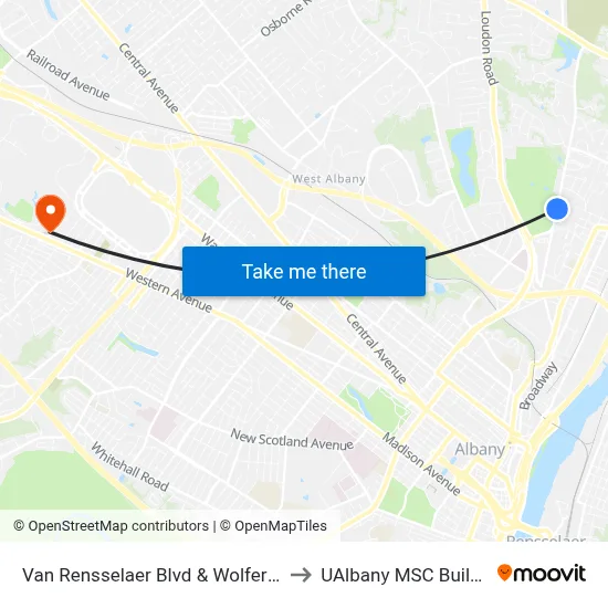 Van Rensselaer Blvd & Wolfert Ave to UAlbany MSC Building map