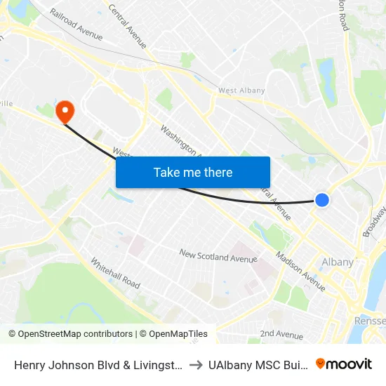 Henry Johnson Blvd & Livingston Ave to UAlbany MSC Building map