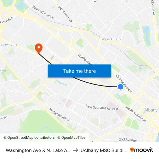 Washington Ave & N. Lake Ave to UAlbany MSC Building map