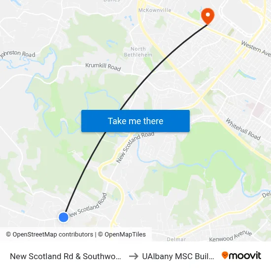 New Scotland Rd & Southwood Dr to UAlbany MSC Building map