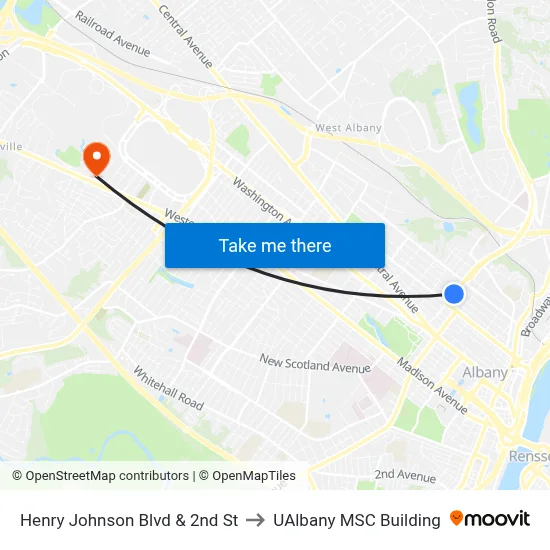 Henry Johnson Blvd & 2nd St to UAlbany MSC Building map