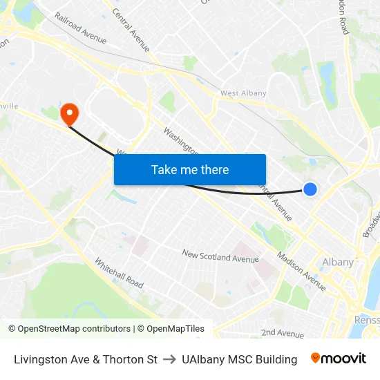 Livingston Ave & Thorton St to UAlbany MSC Building map