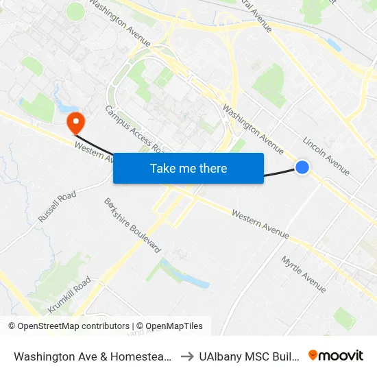 Washington Ave & Homestead Ave to UAlbany MSC Building map