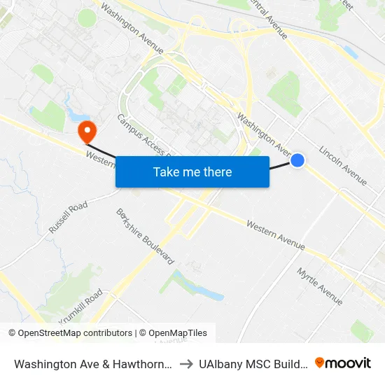 Washington Ave & Hawthorne St to UAlbany MSC Building map