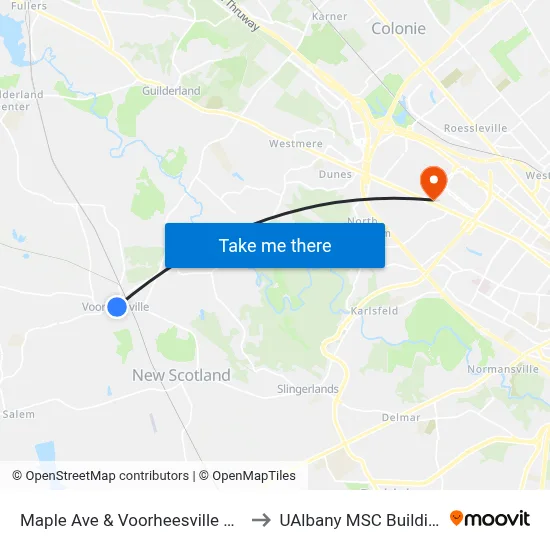 Maple Ave & Voorheesville Ave to UAlbany MSC Building map