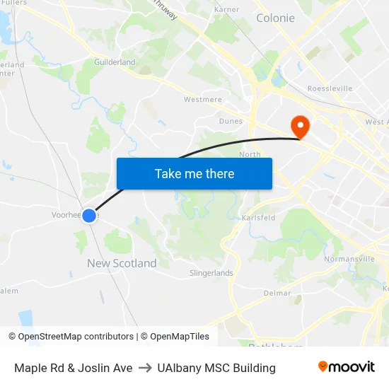 Maple Rd & Joslin Ave to UAlbany MSC Building map