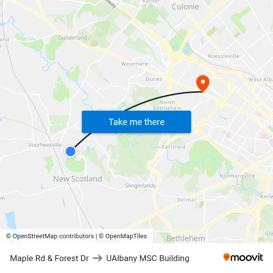Maple Rd & Forest Dr to UAlbany MSC Building map